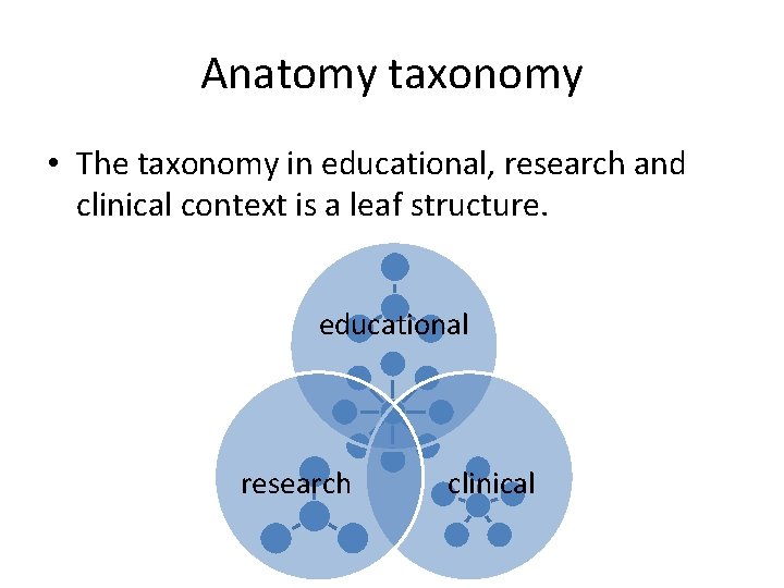 Anatomy taxonomy • The taxonomy in educational, research and clinical context is a leaf Anatomy taxonomy • The taxonomy in educational, research and clinical context is a leaf