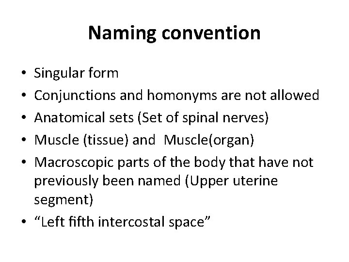 Naming convention Singular form Conjunctions and homonyms are not allowed Anatomical sets (Set of Naming convention Singular form Conjunctions and homonyms are not allowed Anatomical sets (Set of