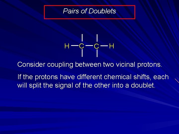 Pairs of Doublets H C C H Consider coupling between two vicinal protons. If