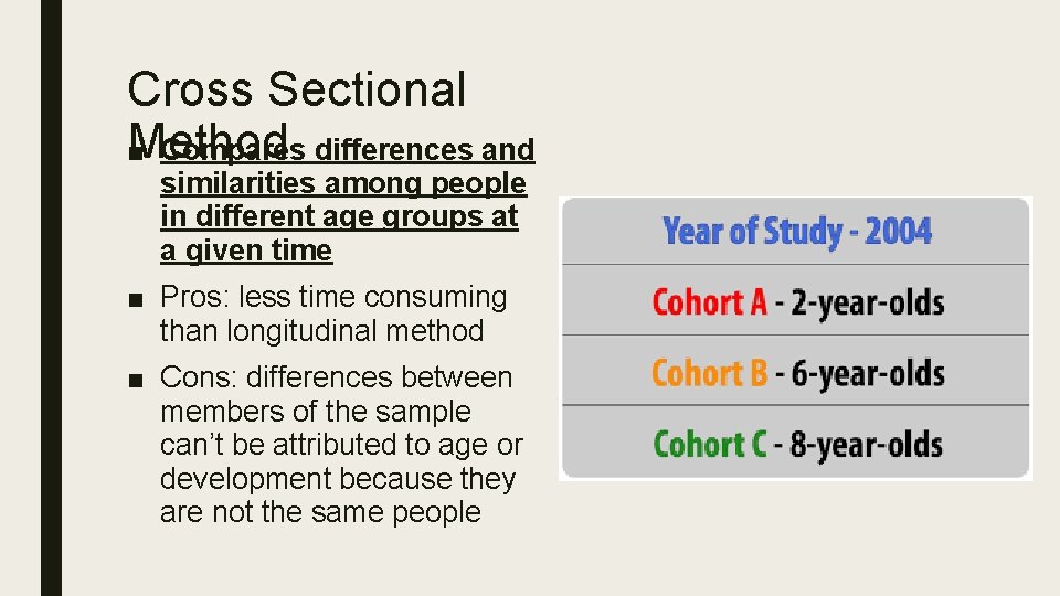 Cross Sectional Method ■ Compares differences and similarities among people in different age groups