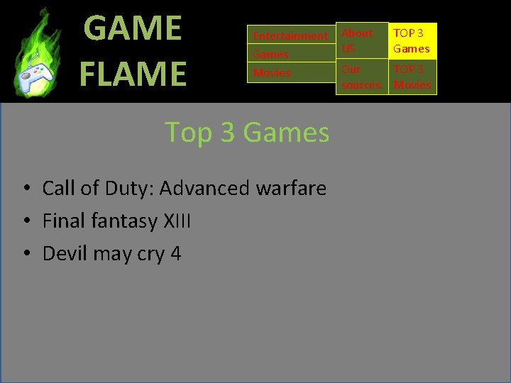 GAME FLAME Entertainment Games Movies Top 3 Games • Call of Duty: Advanced warfare