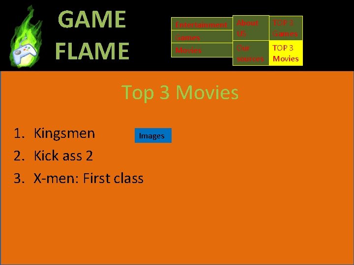 GAME FLAME Entertainment Games Movies About US Our TOP 3 sources Movies Top 3