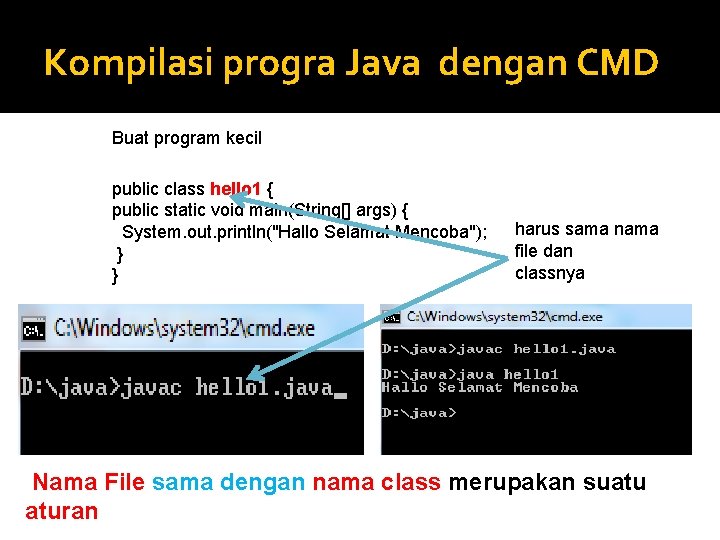 Kompilasi progra Java dengan CMD Buat program kecil public class hello 1 { public Kompilasi progra Java dengan CMD Buat program kecil public class hello 1 { public
