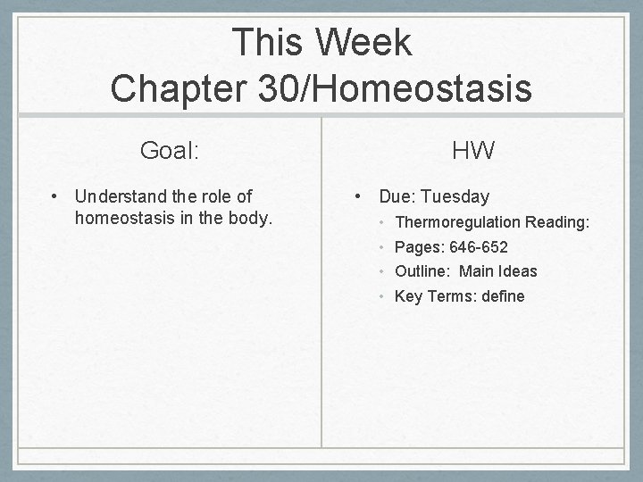 This Week Chapter 30/Homeostasis Goal: • Understand the role of homeostasis in the body.