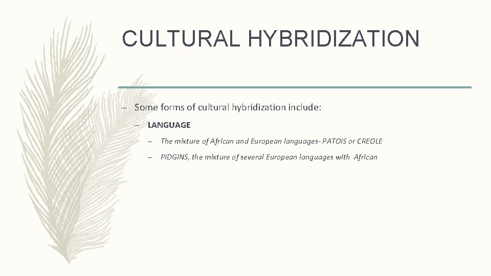 CULTURAL HYBRIDIZATION – Some forms of cultural hybridization include: – LANGUAGE – The mixture