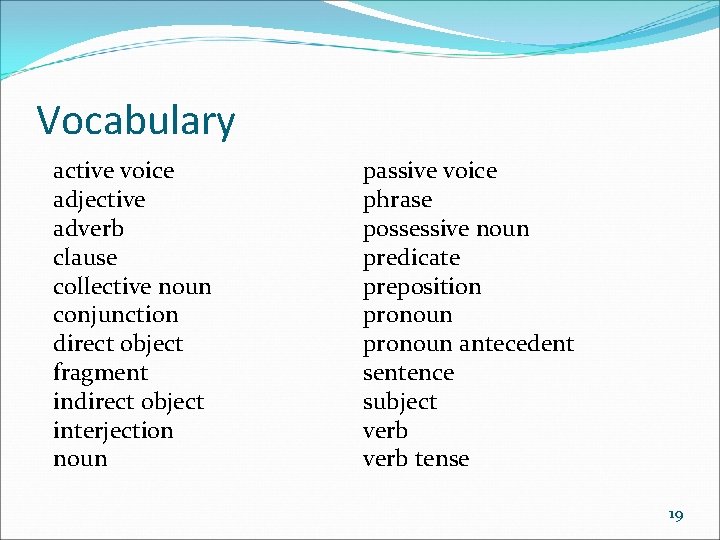Vocabulary active voice adjective adverb clause collective noun conjunction direct object fragment indirect object