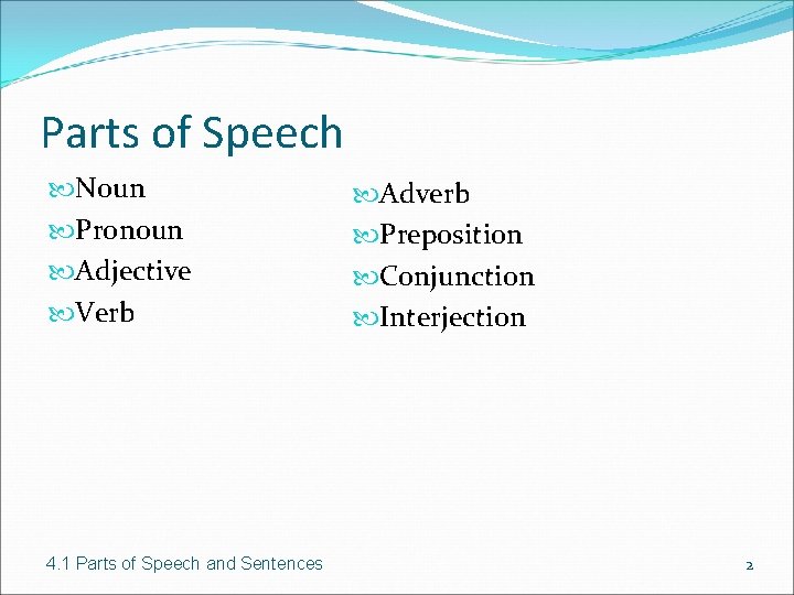 Parts of Speech Noun Pronoun Adjective Verb 4. 1 Parts of Speech and Sentences