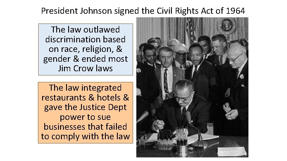 President Johnson signed the Civil Rights Act of 1964 The law outlawed discrimination based