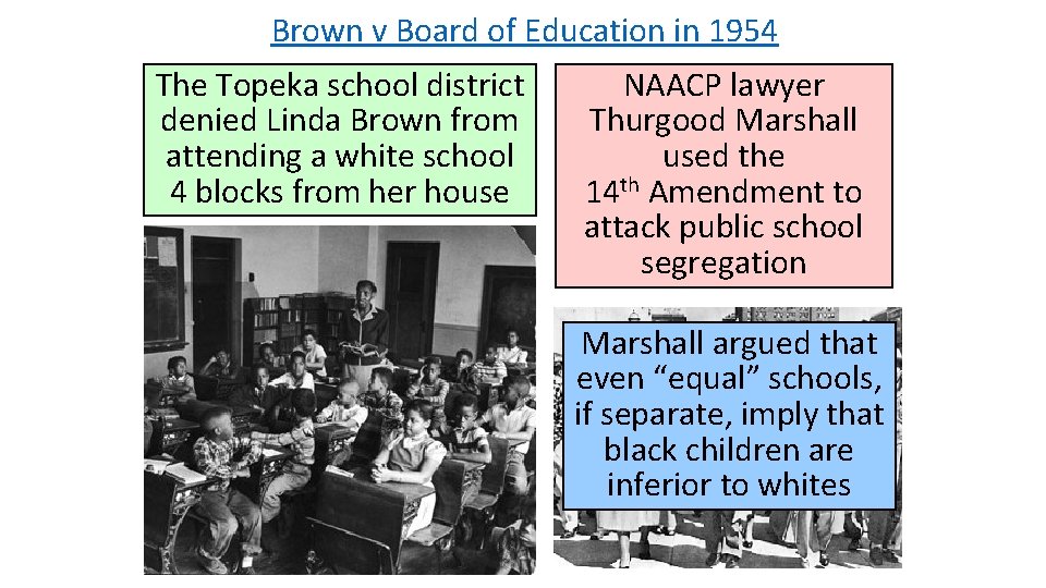 Brown v Board of Education in 1954 The Topeka school district denied Linda Brown