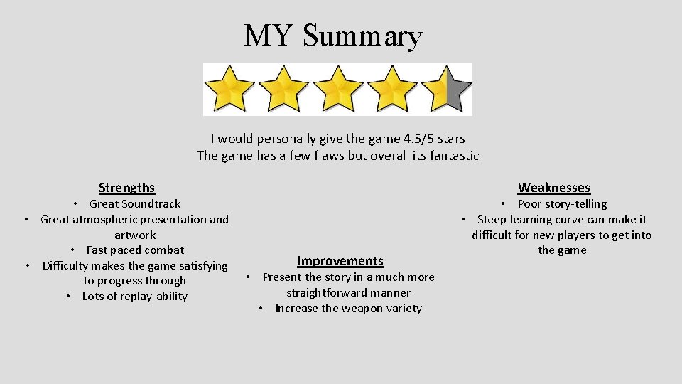 MY Summary I would personally give the game 4. 5/5 stars The game has