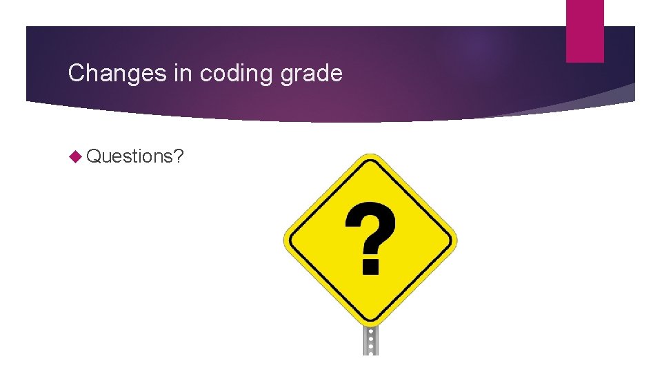 Changes in coding grade Questions? 