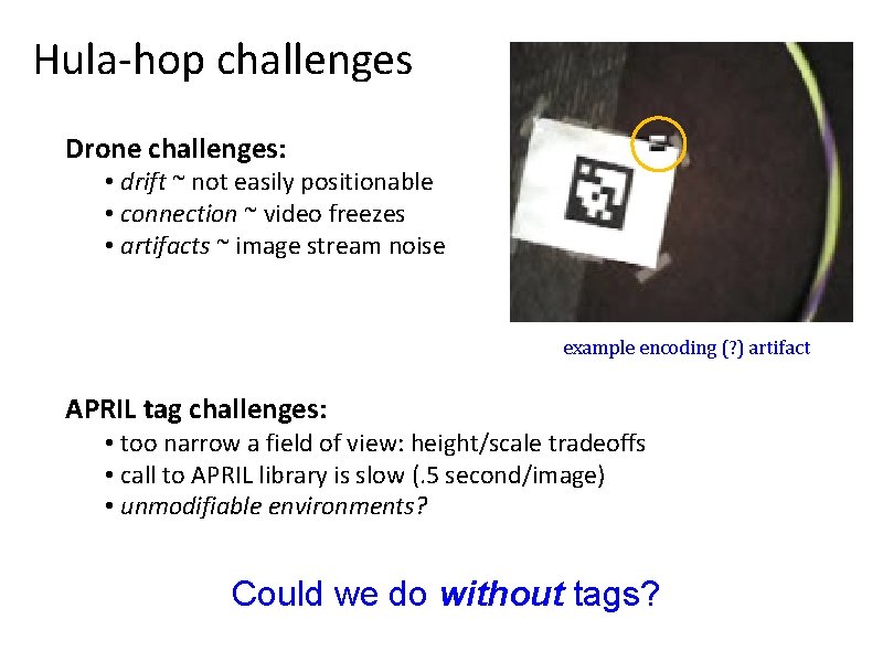 Hula-hop challenges Drone challenges: • drift ~ not easily positionable • connection ~ video