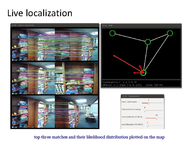 Live localization top three matches and their likelihood distribution plotted on the map 