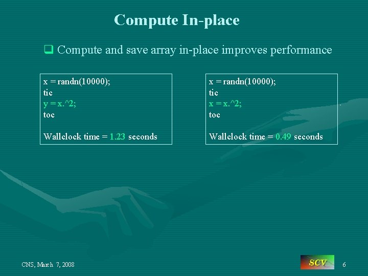 Compute In-place q Compute and save array in-place improves performance x = randn(10000); tic