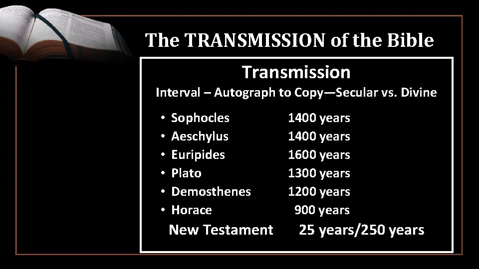 The TRANSMISSION of the Bible Transmission Interval – Autograph to Copy—Secular vs. Divine •