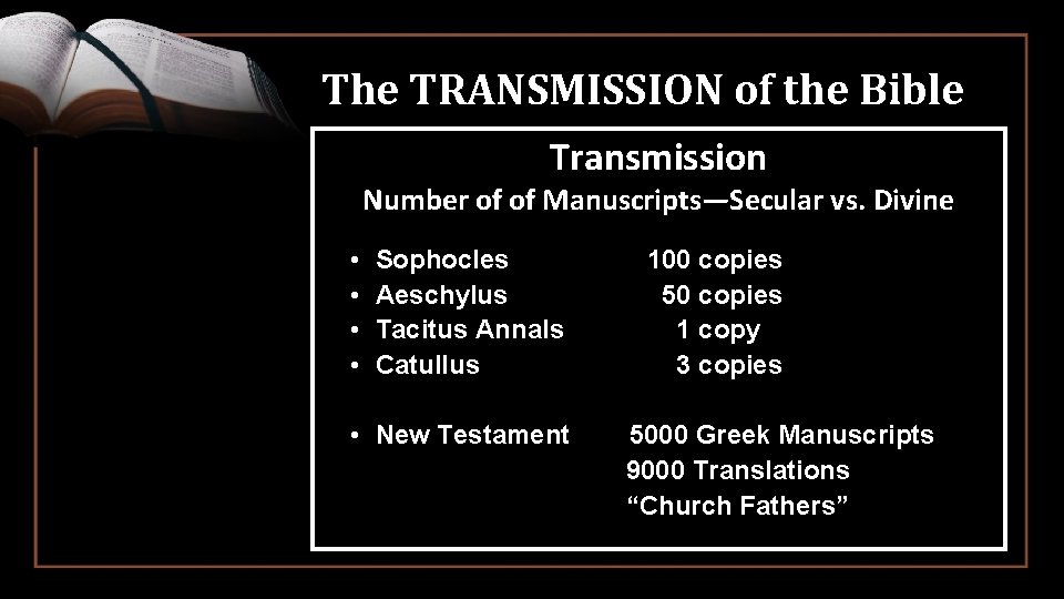 The TRANSMISSION of the Bible Transmission Number of of Manuscripts—Secular vs. Divine • •