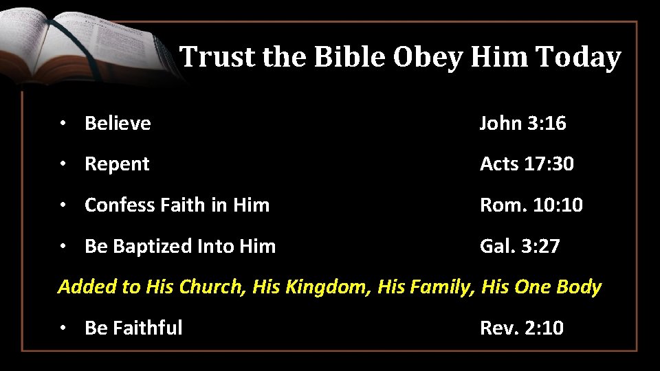 Trust the Bible Obey Him Today • Believe John 3: 16 • Repent Acts