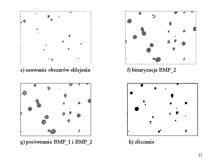 e) usuwanie obszarów sklejenia g) porównanie BMP_1 i BMP_2 f) binaryzacja BMP_2 h) zliczanie