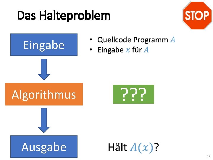 Das Halteproblem Eingabe Algorithmus Ausgabe ? ? ? 18 