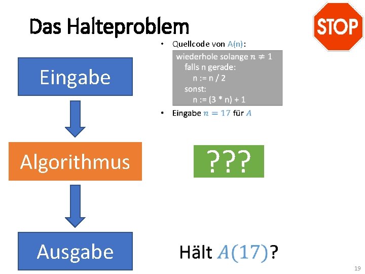 Das Halteproblem • Quellcode von A(n): Eingabe Algorithmus Ausgabe ? ? ? 19 