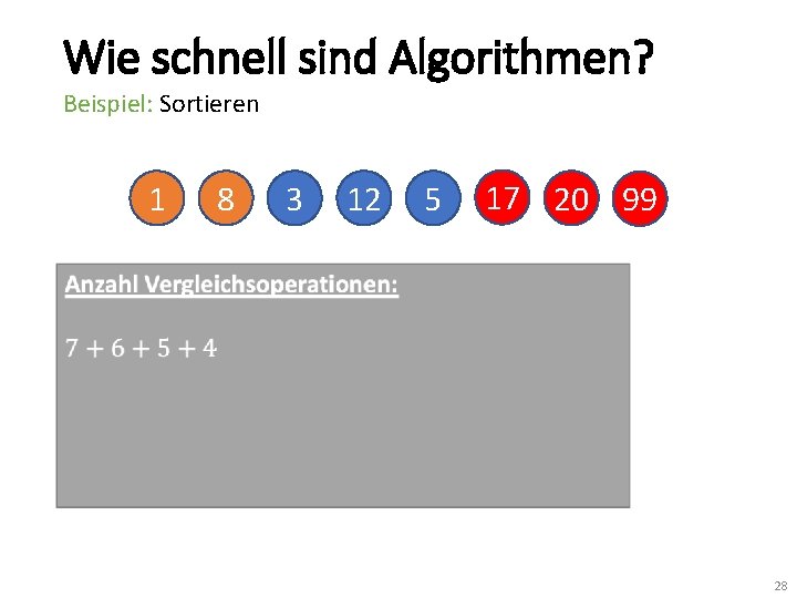 Wie schnell sind Algorithmen? Beispiel: Sortieren 1 8 3 12 5 17 20 99