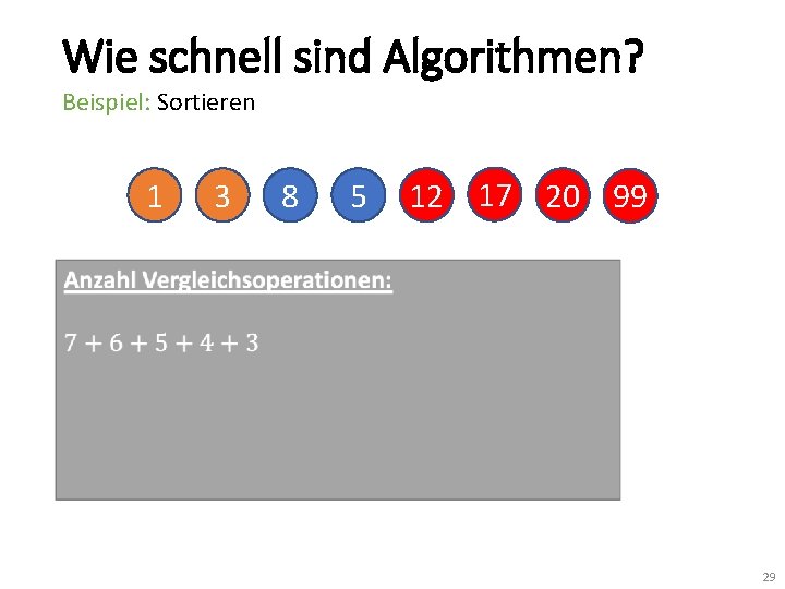 Wie schnell sind Algorithmen? Beispiel: Sortieren 1 3 8 5 12 17 20 99