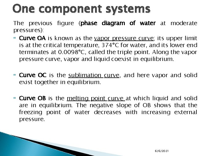 One component systems The previous figure (phase diagram of water at moderate pressures): Curve