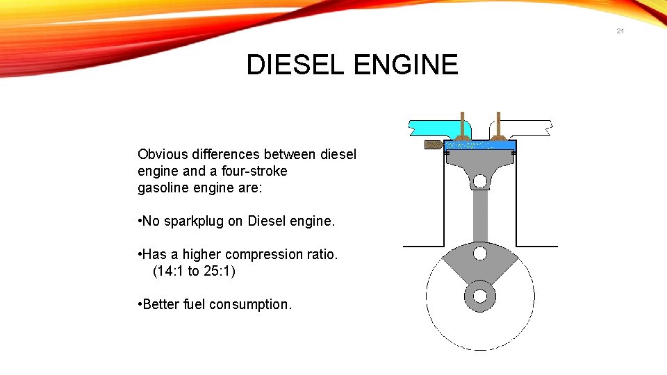 21 DIESEL ENGINE Obvious differences between diesel engine and a four-stroke gasoline engine are: