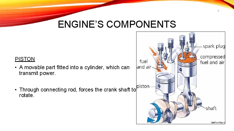 3 ENGINE’S COMPONENTS PISTON • A movable part fitted into a cylinder, which can