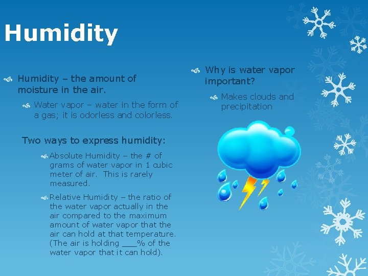 Humidity – the amount of moisture in the air. Water vapor – water in