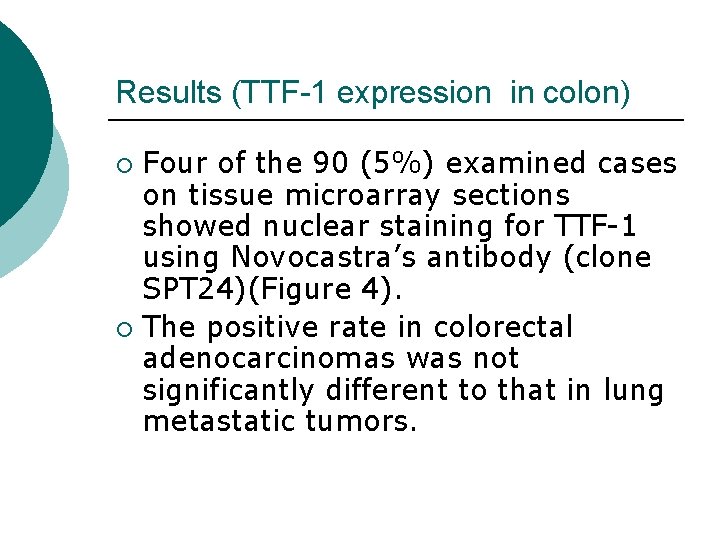 Results (TTF-1 expression in colon) Four of the 90 (5%) examined cases on tissue