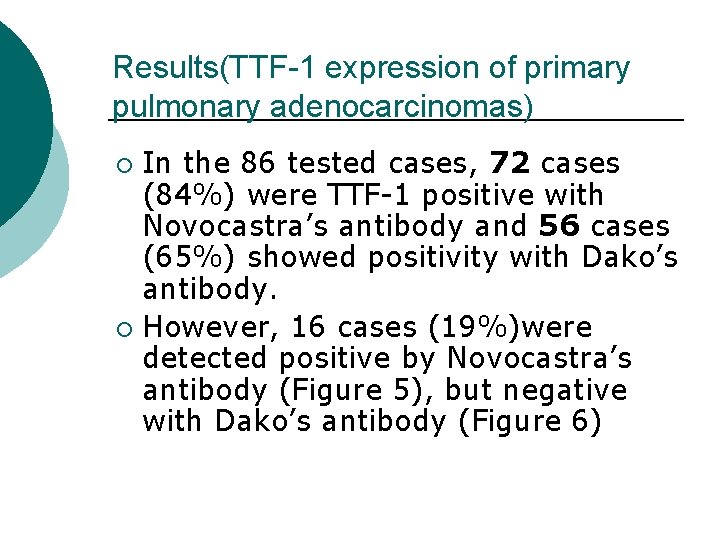 Results(TTF-1 expression of primary pulmonary adenocarcinomas) In the 86 tested cases, 72 cases (84%)