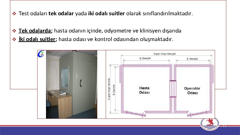 v Test odaları tek odalar yada iki odalı suitler olarak sınıflandırılmaktadır. Tek odalarda; hasta