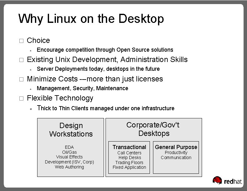 Why Linux on the Desktop � Choice ● � Existing Unix Development, Administration Skills