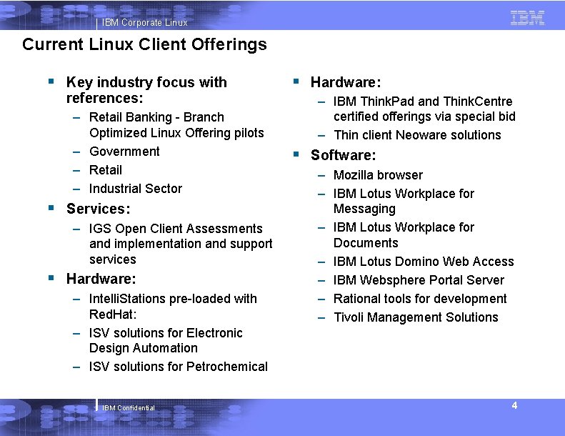 IBM Corporate Linux Current Linux Client Offerings Key industry focus with references: – Retail