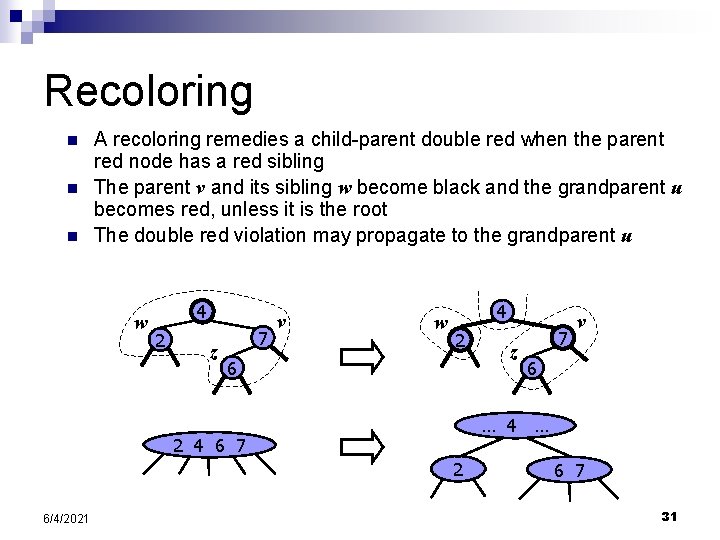 Recoloring n n n A recoloring remedies a child-parent double red when the parent