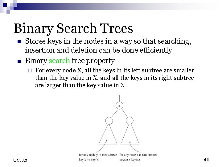 Binary Search Trees n n Stores keys in the nodes in a way so