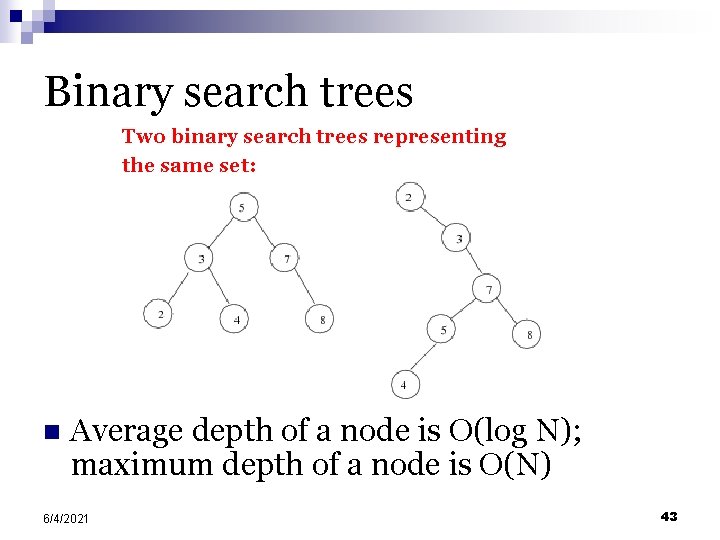 Binary search trees Two binary search trees representing the same set: n Average depth