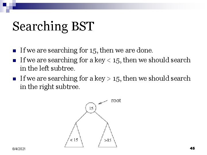 Searching BST n n n If we are searching for 15, then we are