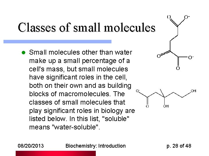 Classes of small molecules l Small molecules other than water make up a small