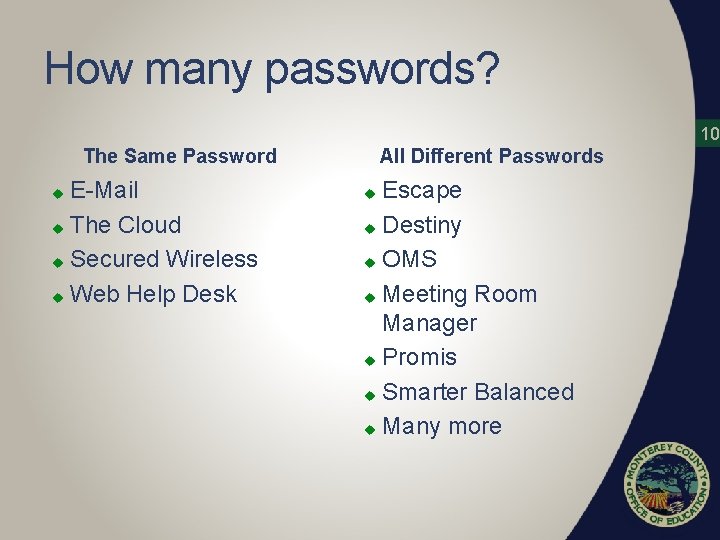 How many passwords? 10 The Same Password E-Mail u The Cloud u Secured Wireless