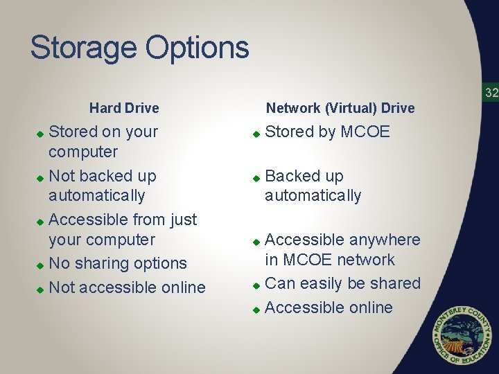 Storage Options 32 Hard Drive Stored on your computer u Not backed up automatically