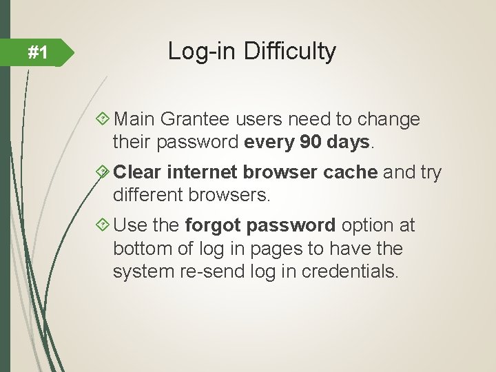 #1 Log-in Difficulty Main Grantee users need to change their password every 90 days.