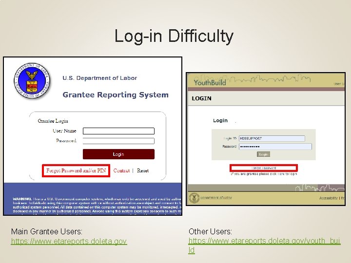 Log-in Difficulty Main Grantee Users: https: //www. etareports. doleta. gov Other Users: https: //www.