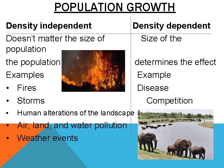 POPULATION GROWTH Density independent Doesn’t matter the size of population the population Examples •