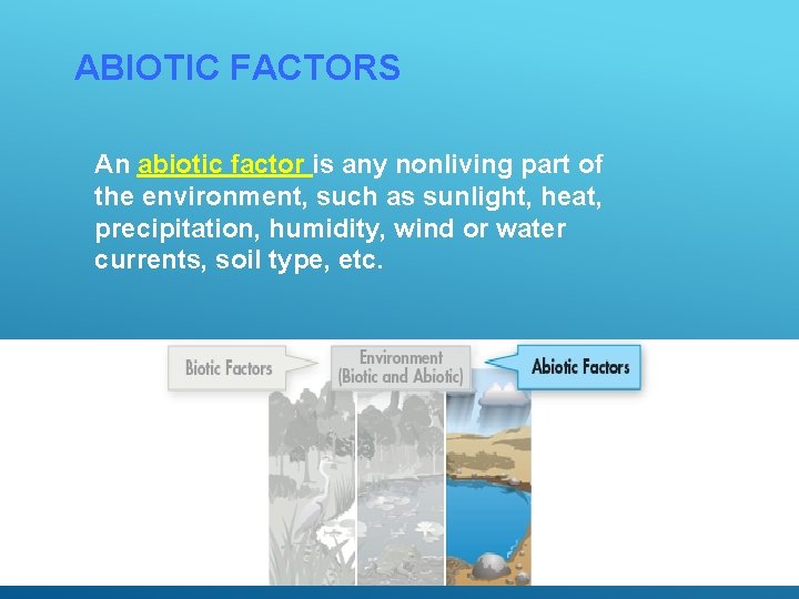 ABIOTIC FACTORS An abiotic factor is any nonliving part of the environment, such as