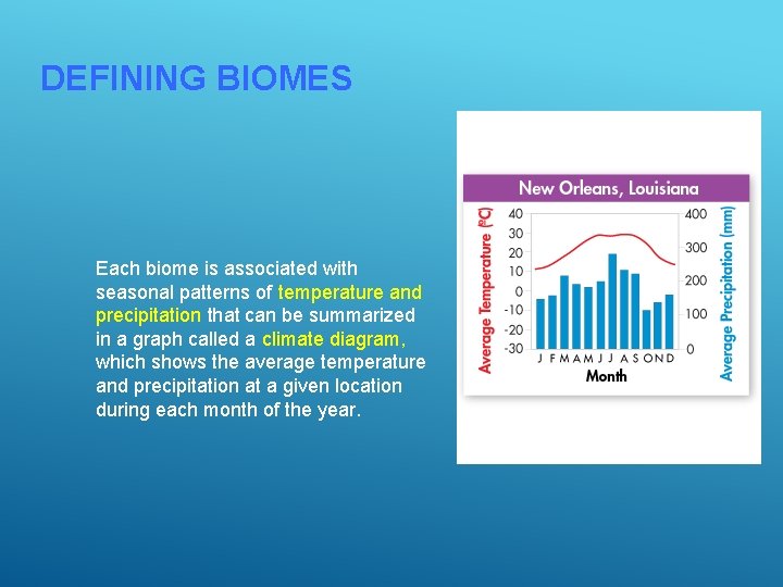 DEFINING BIOMES Each biome is associated with seasonal patterns of temperature and precipitation that