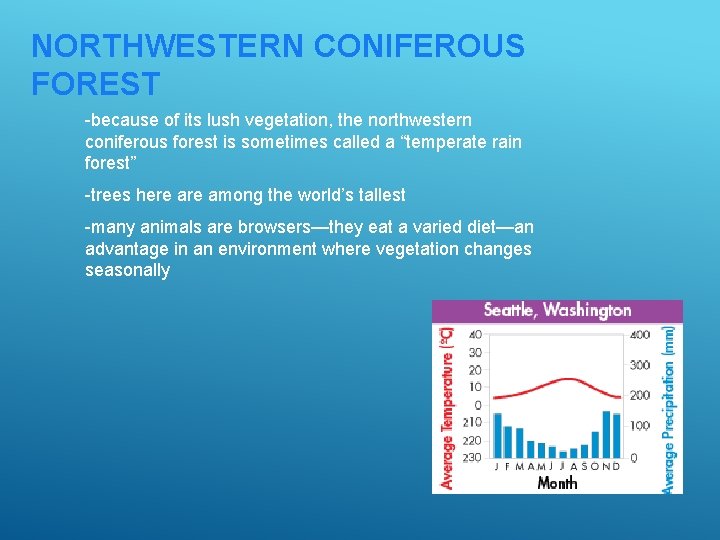 NORTHWESTERN CONIFEROUS FOREST -because of its lush vegetation, the northwestern coniferous forest is sometimes