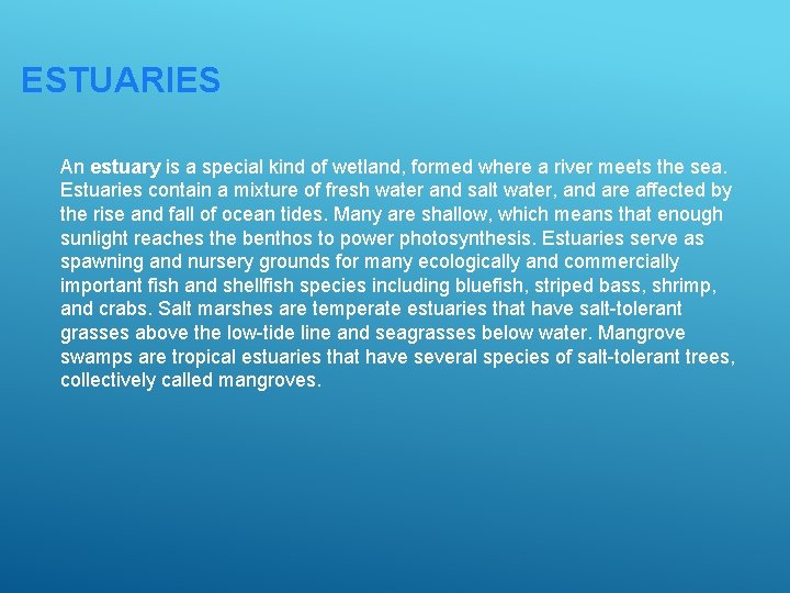 ESTUARIES An estuary is a special kind of wetland, formed where a river meets