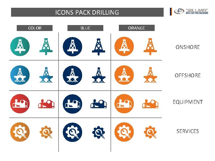 ICONS PACK DRILLING COLOR BLUE ORANGE ONSHORE OFFSHORE EQUIPMENT SERVICES 